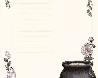 Witchy paper, spell page, crystal border, cauldron art, skull paper, rose frame, grimoire sheet, potion label, gothic decor, Journal Cards