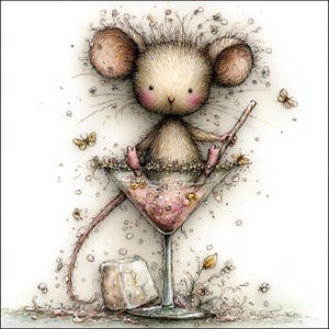 May include: Whimsical illustration of a mouse relaxing in a martini glass. The mouse has large ears and pink cheeks, holding a straw. The martini glass is filled with a pink liquid and decorated with butterflies and flowers. A sugar cube sits nearby.