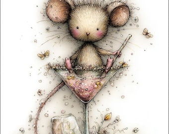Whimsical Mouse In Pink Cocktail Glass CLIPART, Sketch Style Garden Critter With Lemon Slice And Ice Cube