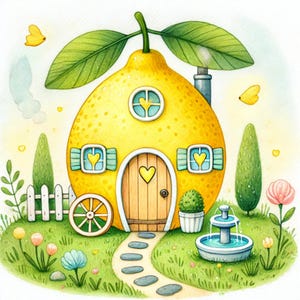 Lemon Lane, citroenhuis, citrushuisje, fruithuis, grillig huis, sprookjestuin, klein huis, schattig huisontwerp, JPG-afbeeldingen