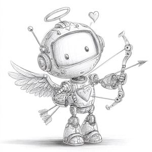 May include: A detailed pencil sketch of a robot designed as Cupid, complete with wings, a halo, and a bow and arrow. The robot has a heart-shaped detail on its chest and a small heart floating above its head. The style is whimsical and illustrative.