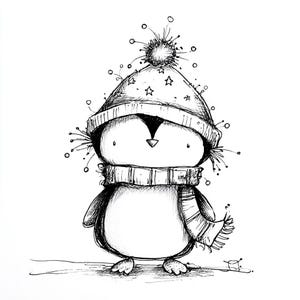 May include: A black and white illustration of a penguin wearing a star-patterned hat and a striped scarf. The penguin has a round body, small feet, and a pom-pom on top of its hat. The drawing style is whimsical and detailed.
