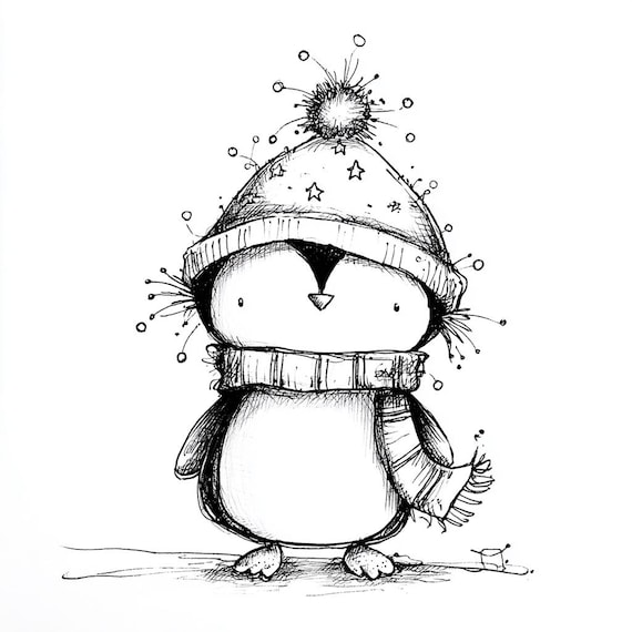Winter Penguin, Cosy Hat, Ink Drawing, Cute Bird, Snowy Scene, Festive Art, Penguin Scarf, Hand Drawn, Whimsical Style