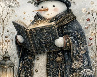 Peut inclure: Un bonhomme de neige portant un haut-de-forme bleu foncé orné de baies rouges et une cape bleu foncé assortie avec des broderies florales dorées. Il tient un livre ouvert intitulé Tales of Frostwick qui émet une lueur dorée, près d'une lanterne.