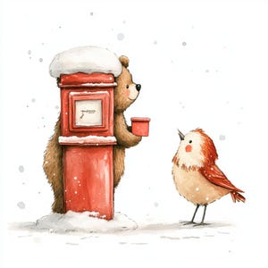 Boîte aux lettres ours, oeuvres d'art pour oiseaux de Noël, joli duo d'hiver, courrier festif, ours des neiges, oeuvre d'art pour les fêtes, boîte aux lettres rouge, rouge-gorge des neiges, animal de l'hiver, images JPG