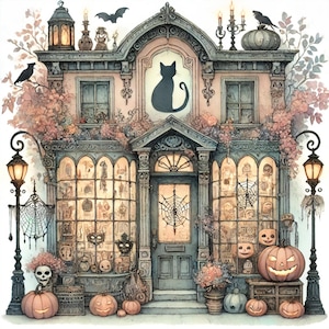 Negozio di Halloween, Negozio di Halloween, decorazioni spettrali, negozio di costumi, beni infestati, dolcetto o scherzetto, gatti neri, magia delle streghe, fantasmi e ghoul,