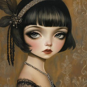 May include: A portrait of a woman with dark hair and pale skin, wearing a jeweled headband and a feather. She is dressed in a black dress with lace and a diamond necklace. The background is a warm, patterned gold colour.