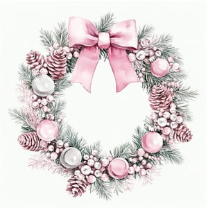 Roze kerstkrans, vakantiedeurkunst, pastel kerstdecor, roze kerststrik, vrouwelijke feestelijke kunst, aquarelkrans, wintermuurafdruk,
