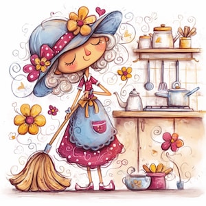 Broom Lady Art, Retro Housewife, Cute Kitchen Art, Whimsical Mop, Cleaning Lady, Grandma Art, Kitchen Clipart, Fun Granny, Happy Housework