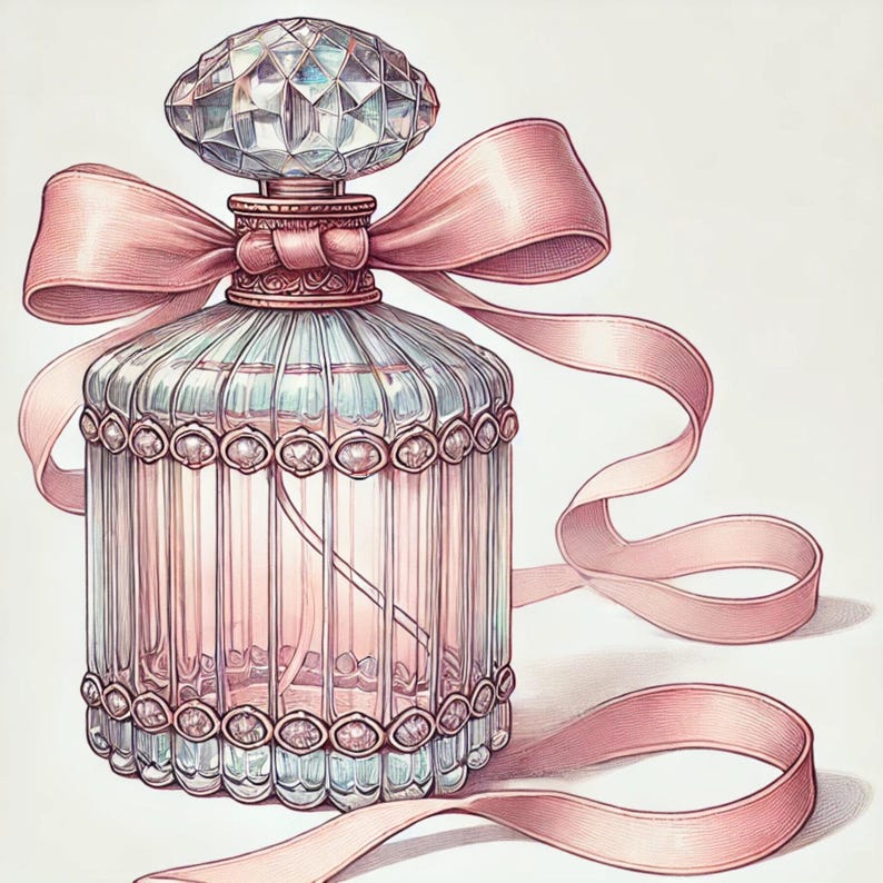May include: A clear glass perfume bottle with a faceted crystal stopper and a pink ribbon tied around the neck. The bottle is decorated with a row of small, clear jewels around the base.