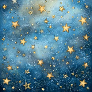 Può includere: Un'illustrazione stravagante di un cielo notturno pieno di stelle dorate di varie dimensioni su uno sfondo blu scuro. Linee bianche a spirale e macchie dorate si aggiungono al tema celeste. L'opera d'arte evoca un senso di meraviglia.