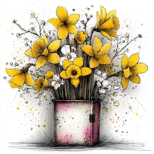 May include: A watercolor illustration of a bouquet of yellow daffodils and small white flowers in a pink and white container. The flowers are detailed with black outlines and the background has yellow and black paint splatters.