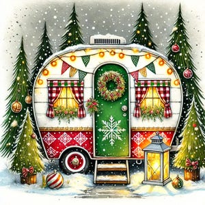 Wintercamper, vakantieaanhanger, feestelijke camper, gezellige winterkunst, vintage camper, kerstillustratie, besneeuwde boskunst, aquarel camper