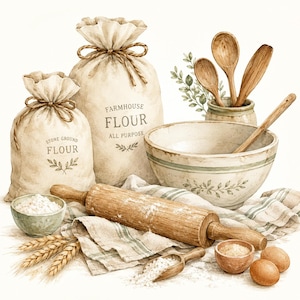 May include: Two beige fabric flour sacks labelled Farmhouse Flour and Stone Ground Flour, a large ceramic mixing bowl with green stripes, a wooden rolling pin, wooden spoons, small bowls with flour, two brown eggs, and wheat stalks.