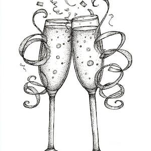 May include: A black and white illustration of two champagne flutes clinking together. The flutes are filled with bubbly liquid, and decorative ribbons and confetti are falling from above. The image is a line drawing.