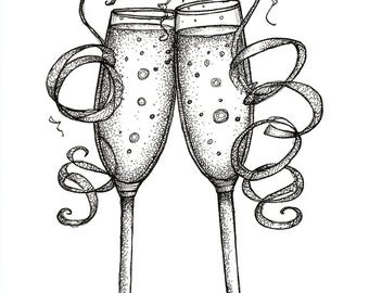 Conjunto de copas de champán en formato PNG, copas de brindis dibujadas a mano con burbujas, ilustración para fiesta de Año Nuevo, imágenes prediseñadas de arte lineal con tinta.