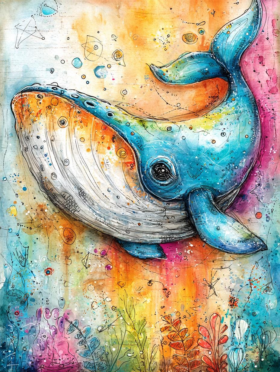 虹色のクジラ、夢のような海、幻想的な海、かわいいクジラ、水彩画、夜