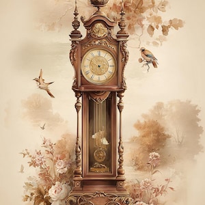 May include: A detailed illustration of a vintage grandfather clock. The clock is brown with gold accents, featuring a round clock face with Roman numerals. The image includes floral and bird elements, creating a classic, antique aesthetic.