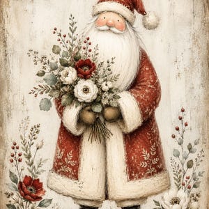 Peut inclure: Un personnage de Père Noël vêtu d'un manteau rouge à bordure de fourrure blanche et d'un bonnet assorti, tenant un bouquet de fleurs rouges et blanches avec des feuilles vertes. L'illustration présente une texture vieillie et des fleurs.