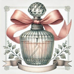 May include: A vintage-style glass perfume bottle with a faceted stopper and a pink satin ribbon bow. The bottle is decorated with a delicate floral design and sits on a white background.