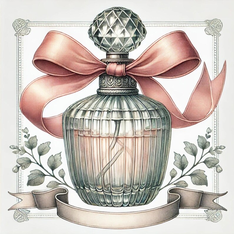 May include: A vintage-style glass perfume bottle with a faceted stopper and a pink satin ribbon bow. The bottle is decorated with a delicate floral design and sits on a white background.