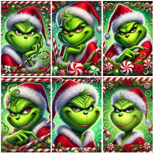 May include: A collage of six images featuring the Grinch in a Santa hat and red coat. Each image shows the Grinch with a mischievous grin, surrounded by Christmas candy canes and ornaments. The Grinch is green with red eyes.