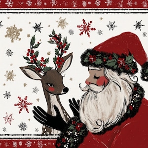 Weihnachtsmann und Hirsch, Waldweihnachtsmann, karierte Weihnachten, gemütliche Feiertagskunst, festliche Freunde, Rentierkunst, rustikales Weihnachten, Schneeflocke Weihnachtsmann, Winterbeifall