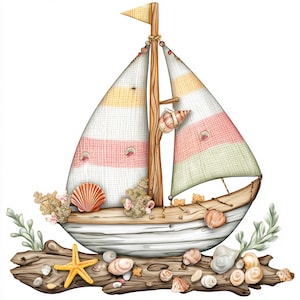 Bateau en bois flotté, voilier de plage, décoration côtière, clipart océan, art de bateau de plage, impression nautique, charme de bord de mer, voilier coquillage, clip de bateau mignon