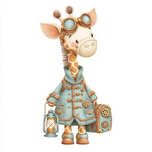 May include: A charming illustration of a giraffe in a steampunk style. The giraffe is dressed in a light blue coat with brass details, goggles, and carries a lantern and a suitcase. The giraffe has a light tan coat with brown spots.