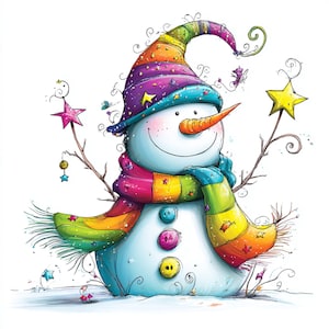 May include: A whimsical snowman illustration with a colorful hat, scarf, and buttons. The snowman has a carrot nose and twig arms, with star-shaped decorations. The design features a cheerful, cartoonish style, perfect for holiday-themed products.