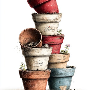 May include: A stack of terracotta flower pots in various colors, including red, white, orange, and blue. Some pots have small plants with pink flowers growing in them. The image has a watercolor effect.