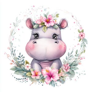 Clipart hippopotame mignon, art de bébé hippopotame, impression florale d'hippopotame, art de pépinière d'hippopotame, hippopotame aquarelle, décor d'hippopotame rose, art animalier de la jungle, images JPG