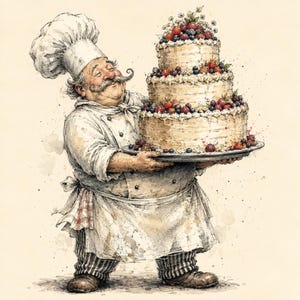 Pode incluir: Uma ilustração em aguarela de um chef com bigode, vestindo um uniforme branco e um chapéu alto, segurando um grande bolo de três andares decorado com morangos vermelhos frescos, mirtilos e flores brancas numa bandeja de prata.