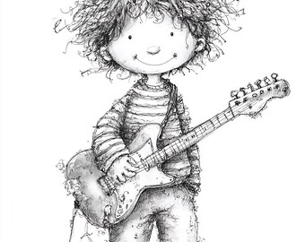 rock kid, guitar boy, messy hair, electric guitar, cartoon rocker, music art, sketch style, gig poster, grunge vibe