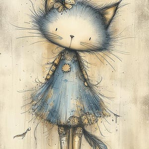 May include: Whimsical illustration of a cat-like character in a blue dress adorned with a feather and butterfly. The artwork features a vintage aesthetic with soft colors and delicate linework, creating a charming and artistic feel. The cat is wearing boots.