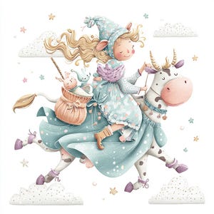 milking maids, cow art, fairytale girl, vintage nursery, farm animals, cottagecore, pastel decor, whimsical print, storybook art