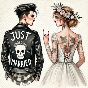 Boda rockera, boda rockera, boda gótica, boda atrevida, boda punk, boda alternativa, invitaciones de boda, clipart de novia, archivos JPG