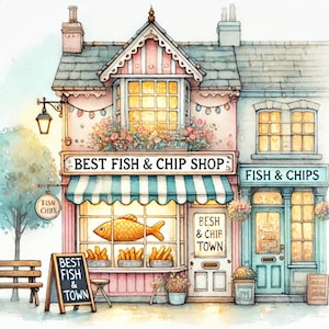 Fish and Chip Shop, poissonnerie traditionnelle, fish and chips croustillants, fruits de mer à emporter, poissonnerie britannique, restaurant de poissons frits, images JPG