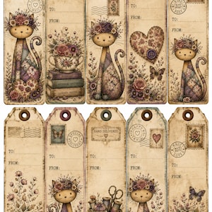 May include: A set of ten rectangular gift tags with a vintage, aged paper aesthetic. Each tag features illustrations of cats wearing floral crowns, teacups filled with flowers, hearts, butterflies, and sewing supplies, along with To and From lines.