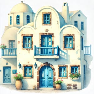 Clipart de Santorin, aquarelle de Grèce, art méditerranéen, art des îles grecques, art des dômes bleus, clipart de voyage, aquarelle de Grèce, images JPG