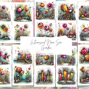 May include: A collection of watercolor art prints featuring whimsical underwater scenes with colorful fish, flowers, and buildings. The text "Whimsical Neon Sea Garden" is written across the center of the image.
