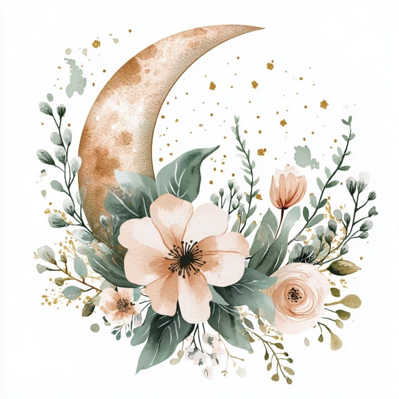 Moon Clipart, Floral Moon, Crescent Art, Boho Moon, Watercolor Moon ...