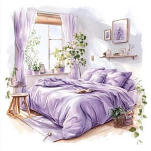 Lavendelkamer, zachte slaapkamer, gezellig interieur, pastelkleurige muren, Cottagecore-kunst, dromerig decor, boho-slaapkamer, bloemenruimte, serene omgeving, jpg