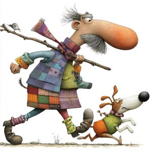 Könnte beinhalten: Eine skurrile Illustration eines Mannes und eines Hundes. Der Mann mit großer Nase und grauem Bart trägt einen Patchwork-Mantel und trägt einen Stock mit einem Vogel darauf. Der Hund mit überraschtem Gesichtsausdruck rennt daneben und trägt einen Pullover und einen Schal.