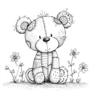 May include: A black and white illustration of a teddy bear with stitched details, sitting among flowers. The bear has patches on its ears and body, with a stitched smile and a small black nose. The flowers are simple line drawings.