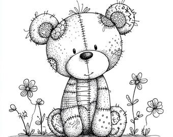 Patchwork Teddy Bear CLIPART, Black And White Stuffed Bear Art, Cute Plush Toy Sketch Style, Whimsical Nursery Character