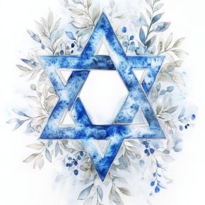 May include: A blue watercolour Star of David surrounded by grey and blue watercolour leaves and berries.