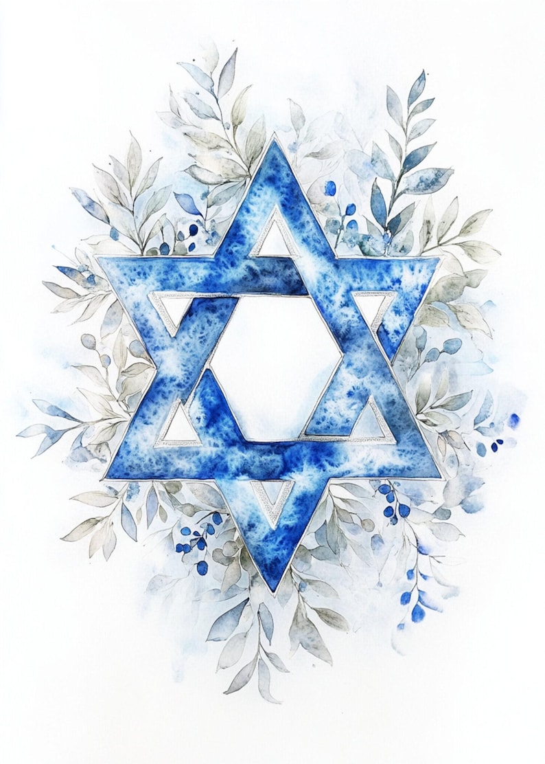 May include: A blue watercolour Star of David surrounded by grey and blue watercolour leaves and berries.