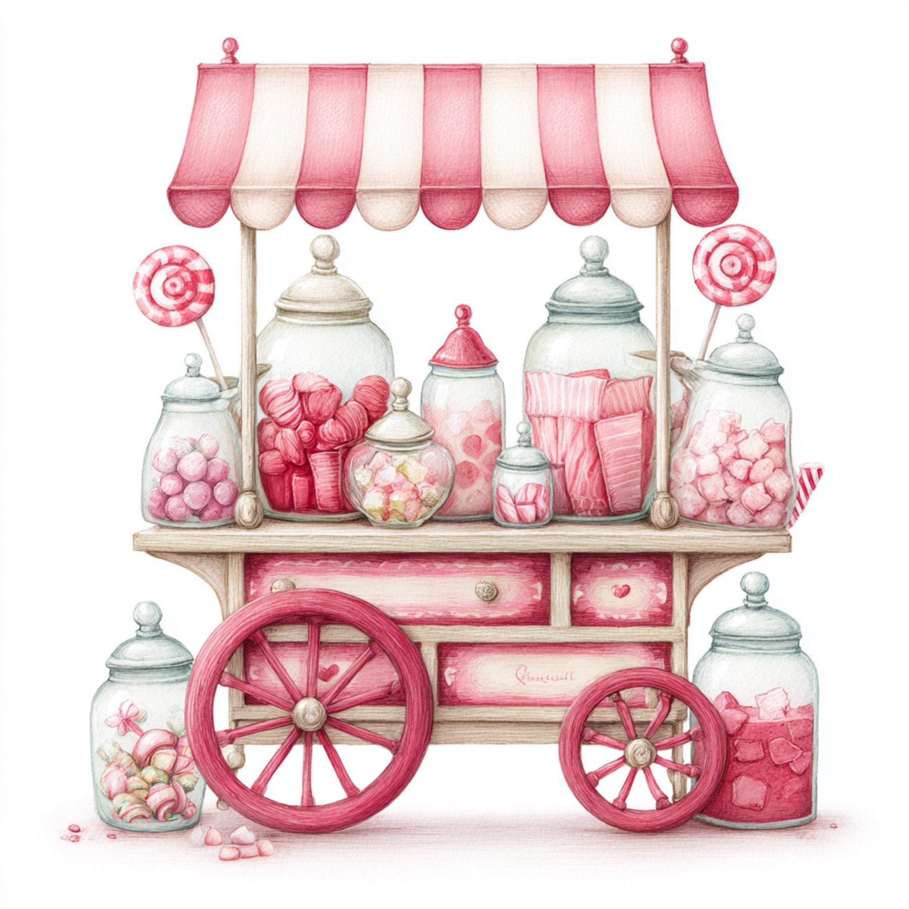 Candy Cart Art, Sweet Stand, Pink Candy Cart, Lollipop Clipart, Candy ...