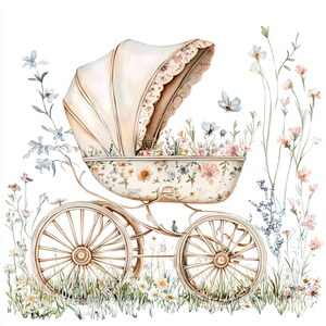 May include: A watercolour illustration of a vintage baby carriage. The cream-coloured carriage features floral patterns and a matching canopy. Wildflowers and butterflies surround the carriage, creating a whimsical, pastoral scene.